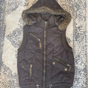Brown Hooded Vest with Faux Fur Trim